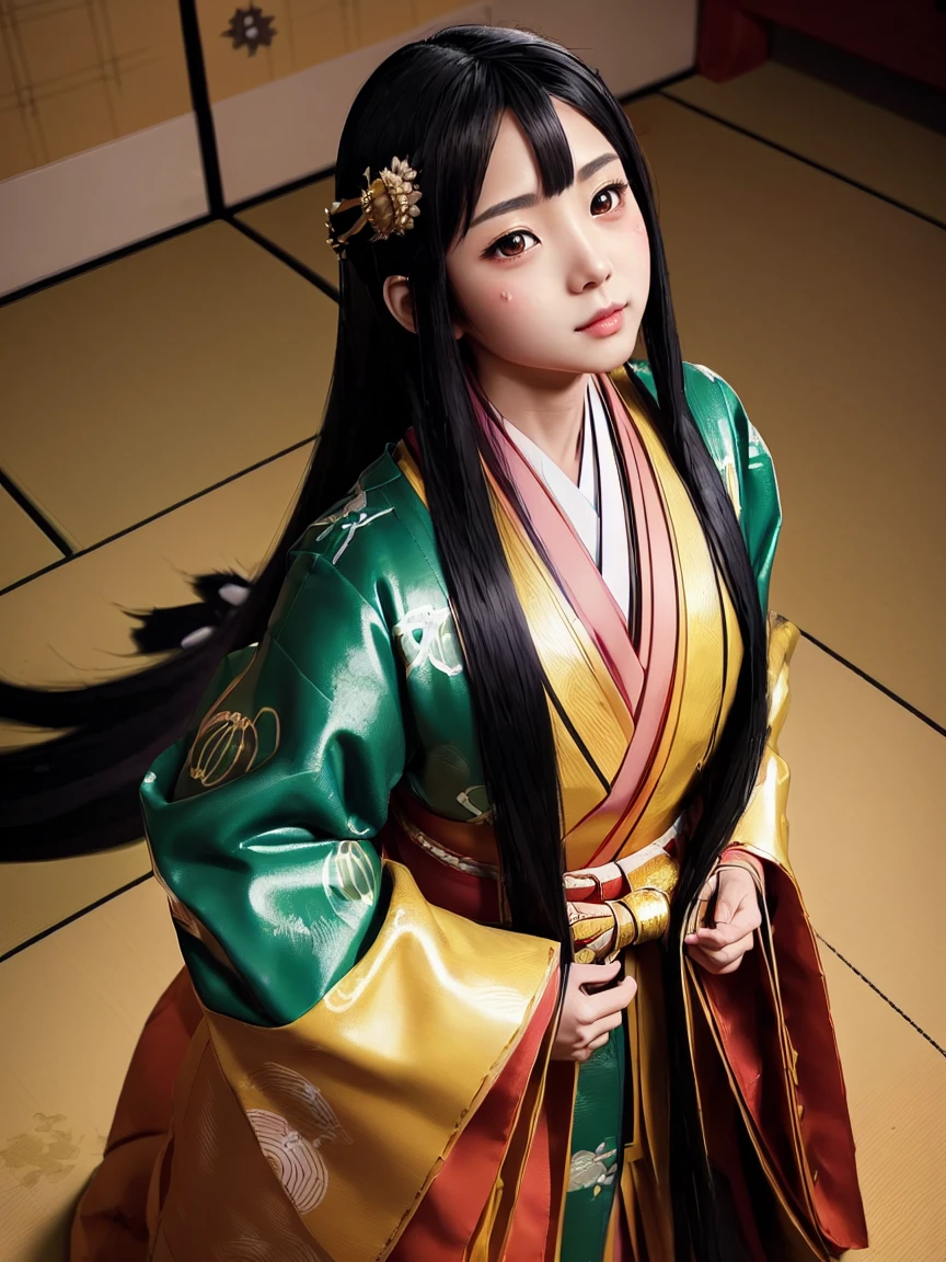 (Solo Japanese Girl:1.3), (Straight Long Hair, Shiny black hair:1.3), Karagin Jacket, Long hakama, 5 piece garment cuffs and chest, Wearing Imperial Kimono, Empire Pattern, (from the front), (Cowboy Shot), (Leaning forward, look up, From above:1.3), (((masterpiece, Super detailed, Highest quality, Ultra-high resolution, Great quality, Exceptional Quality, Super detailed, Unity 16K, Ultra-photorealistic))), (Moe anime art style:1.5),