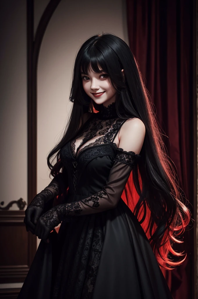 a (horned demon girl) smiling, wearing a lace cloth dress, black hair, red smokey eyes makeup, (hair bow), stockings, pumps, dramatic magic floating pose, (((full body))), sfw