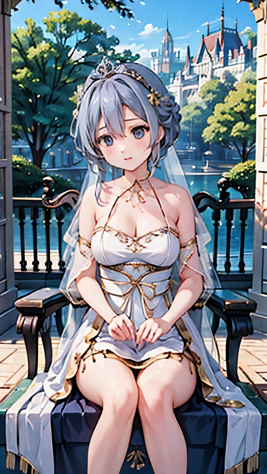 highest quality、masterpiece、8k、Realistic、超High resolution、Very delicate and beautiful、High resolution、Cinema Lighting、medium range shooting、Portraiture、Perfect female body、Beautiful woman、Mature Woman、Opposition、(Big Breasts:1.4)、Looking at the audience、(Princess of Another World、Gorgeous dress、crown、Shining Jewels、Long white hair、Blue Eyes、Graceful behavior、Palace Gardens、A delicate tiara、Silk gloves、Embroidered gown、Royal coat of arms、Gold Jewelry)、Throne Room、A graceful smile、traditional ceremony、Palace balcony、Historic royal family、Otherworldly background、Symbol of the Kingdom。