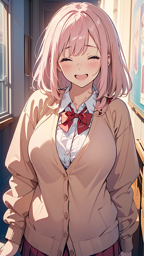 8k,(High quality:1.4),(best quality:1.4),(masterpiece:1.4),(huge breasts:1.2),(beautiful face:1.3),(beautiful woman:1.3),(pale pink hair:1.2),medium hair,a mole around the mouth,(enjoy:1.6),(closed eyes:1),(burst into laughter:1.4),(laugh:1.2),(squinting:1.2)(school uniform:1.1),(beige cardigan:1.2),(close-up:1.2),(a red bow tie:1.1),(leaning forward:1.2)