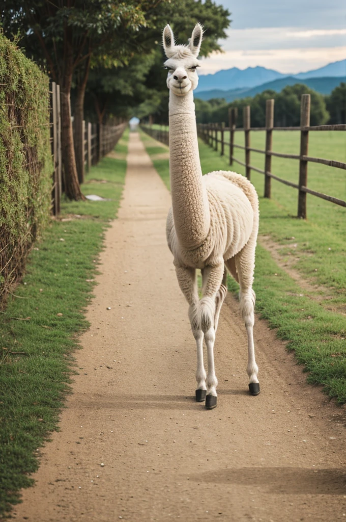 A llama standing on two legs, I walk down a path