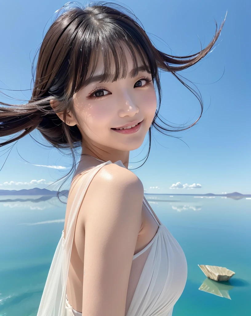 Beautuful Women，mid - length hair，white dresses，Ultra-detailed facial features，adorable expression，Sea view room，D-cups，with blue sky and white clouds，Mare，sandbeach