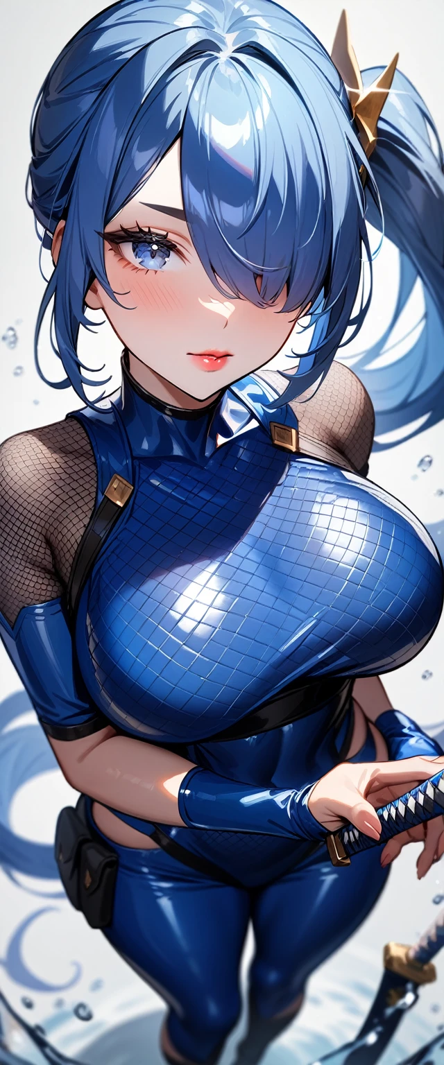 1girl,solo,super detailed skin,shiny skin,natural face,lips gloss,eyelashes,blue hair,hair over one eye,half open eye,eyelashes,lips gloss,side ponytail,large breasts,ninja clothes,fishnet,blue vinyl body suit,water magically,katana in hand,simple background ,standing,masterpiece,best quality,ultra detailed,high resolution,sharp focus,depth of field