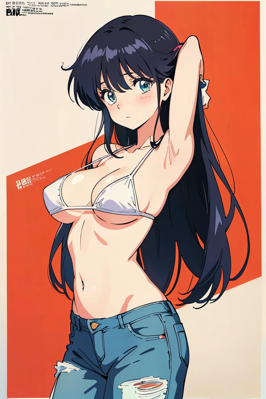 (masutepiece, Best Quality, High resolution:1.5, anime colours, megami magazine:1.2, anime poster style, anime keyvisual, sharp, 8k, photorealistic), (beautiful detailed eyes:1.5, beautiful detailed face:1.2), madoka ayukawa, 1girl, blush, (black hair, Long Hair), (sagging large breasts), (white micro bikini), denim short pants, cowboy shot, (Perfect detailed Anatomy, beautiful detailed hair, beautiful detailed body:1.2, shiny skin), (thick outline, Beautiful outlines, black outlines), simple background