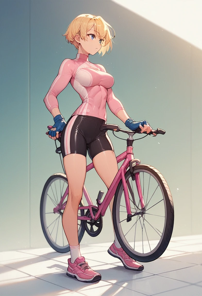 1girl, bicycle, pink bike jersey, pink bike shorts, ((tight jersey)), ((tight long sleeves)), blonde hair, fingerless blue gloves, ((tight gloves)), full body, gloves, short hair, shoes, socks, standing, solo
