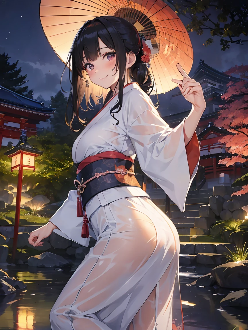 Absurd, Ultra-detailed,Bright colors, 8k,Very beautifully detailed face and eyes, Age 15,(Smooth and straight black hair), (Shiny Hair:1.2), Delicate and beautiful face, blush, in the rainy japanese garden, looking at viewer , (Relaxed smile:1.4), kanzasi, Lantern ,willow, wooden chaise lounge, bangs, kimono, Blur, (dancing at japanise garden:1.5), kimono is wet from the rain and is a little transparent, From the side,  Depth of written boundary,Night Scenery