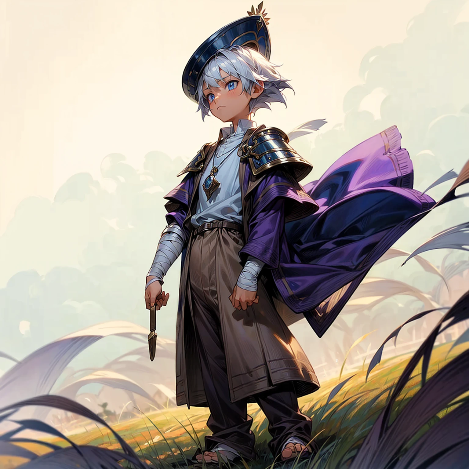 1little boy, Full body version, 1character, blue eyes color, sad eyes, eyeliner, tan skin, classic fade haircut, almond eyes type, brown colour hair, medieval clothing style, breton hat, eyes mask, vest armor, purple color clothing, silver necklaces, bandage on hand, Grassroots background in field town, motion blur 