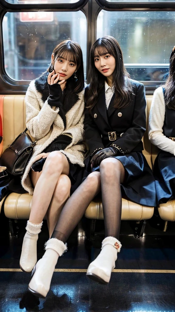 A photo of two mature gal high school girls with flashy hair wearing cute fur coats and shiny, thin, short black leather gloves, with leather shoes.,sitting cross-legged,Inside the train,Voyeur,Heavy makeup face eyeshadow,mascara,cross the her legs,Ultra-detailed face, open eyes,((Legs crossed)).Smelly socks, Ultra Mini Skirt,She looks at the photographer with an inviting expression.,School Bags,This photo was taken in daylight with soft lighting..、The girls are sitting on train seats.。. This photo was taken by someone on their cell phone..、Apparently it was posted on Snapchat.。.