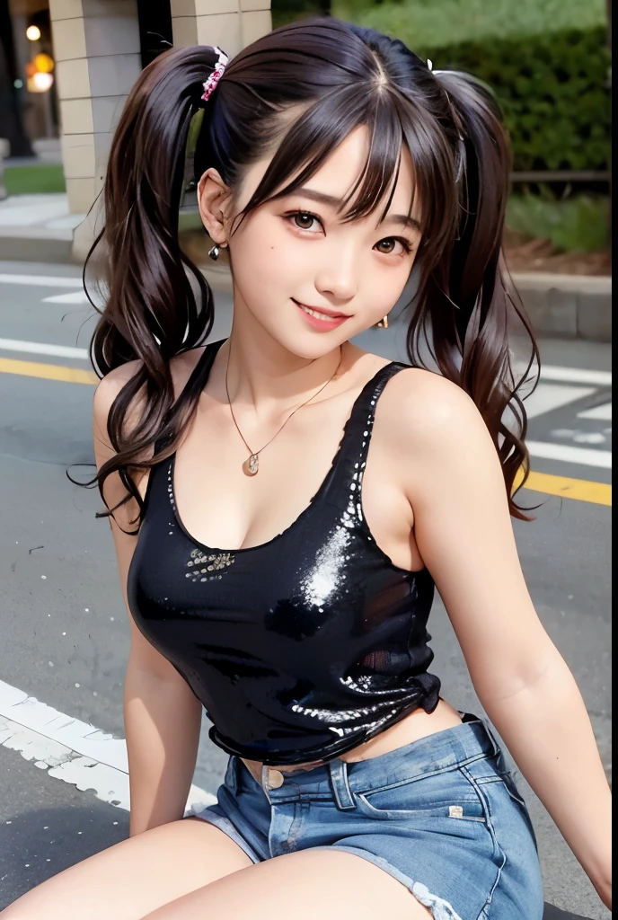 (Highest quality,masterpiece:1.3,Ultra-high resolution),(Very detailedな、Caustics) (Photorealistic:1.4, RAW shooting、)Ultra-Realistic Capture、Very detailed、Natural skin texture、masterpiece、(Sequin tank top and short denim pants:1.3)、1 Japanese girl、Adorable expression、Expressions of Happiness、、Young Face、Surprisingly cute、Twin tails、Curly Hair、Black Hair、Scrunchie、Earrings、necklace、light makeup、A big bust that seems to burst、This photo was taken on a busy street at night..、Shining thighs、Sit on a bench on the sidewalk、Shooting from the side、smile、An inviting gaze、