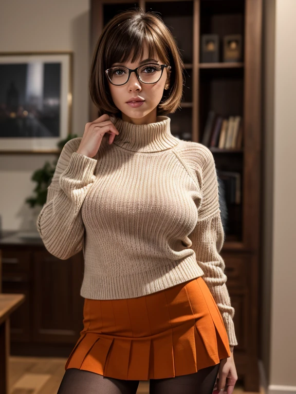 (masterpiece:1.2), (best quality), (ultra detailed), (8k, 4k, intricate),(full-body-shot:1), (highly detailed:1.2), (detailed face:1.2), ((portrait)), (dynamic pose:1.2)  Velma, 1girl, solo, bare breasts, looking at viewer, short hair, skirt, large breasts, brown hair, brown eyes, pantyhose, pleated skirt, glasses, pulling her sweater up, orange sweater exposed breasts, ((full body))