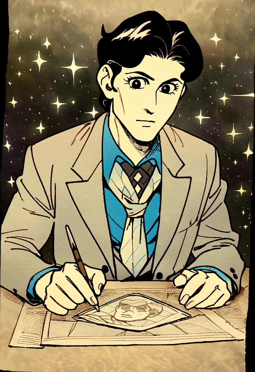 fantasia00d, (arte de John French Sloan:0.7), (Art by Frank Cho:0.7), (art by Charles Ginner:0.8), splash of color, ground level photo of a man studying 1920s, Stars in the sky, FOV 90 degrees, anime cloth capture, surprising, waning light,