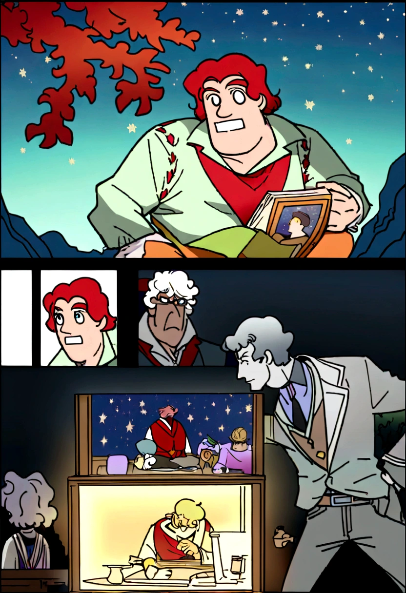 fantasia00d, (arte de John French Sloan:0.7), (Art by Frank Cho:0.7), (art by Charles Ginner:0.8), splash of color, ground level photo of a man studying 1920s, Stars in the sky, FOV 90 degrees, anime cloth capture, surprising, waning light,