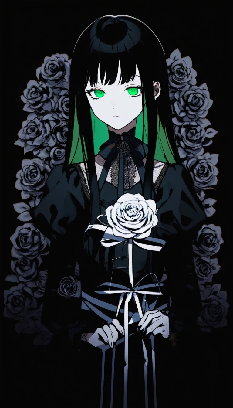 ((Tabletop, Highest quality)),Best aesthetics,One Girl, alone, Long Hair, Black Dress, flower, ribbon, Black background, Black Hair, Rose, ヘアribbon, Green Eyes, Long sleeve, White Rose, Mouth closed, 黒いribbon, Upper Body, Cinema Lighting