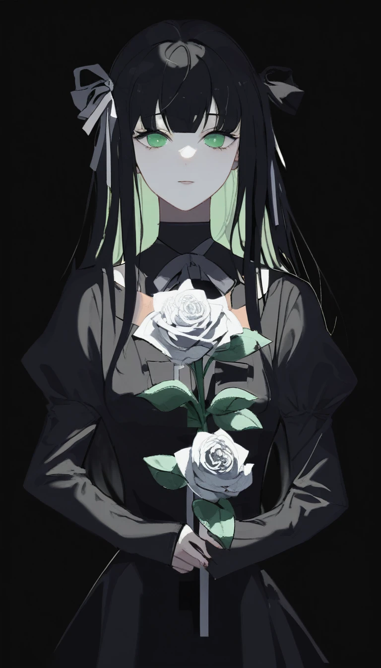 ((Tabletop, Highest quality)),Best aesthetics,One Girl, alone, Long Hair, Black Dress, flower, ribbon, Black background, Black Hair, Rose, ヘアribbon, Green Eyes, Long sleeve, White Rose, Mouth closed, 黒いribbon, Upper Body, Cinema Lighting