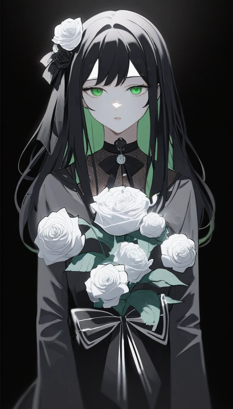 ((Tabletop, Highest quality)),Best aesthetics,One Girl, alone, Long Hair, Black Dress, flower, ribbon, Black background, Black Hair, Rose, ヘアribbon, Green Eyes, Long sleeve, White Rose, Mouth closed, 黒いribbon, Upper Body, Cinema Lighting