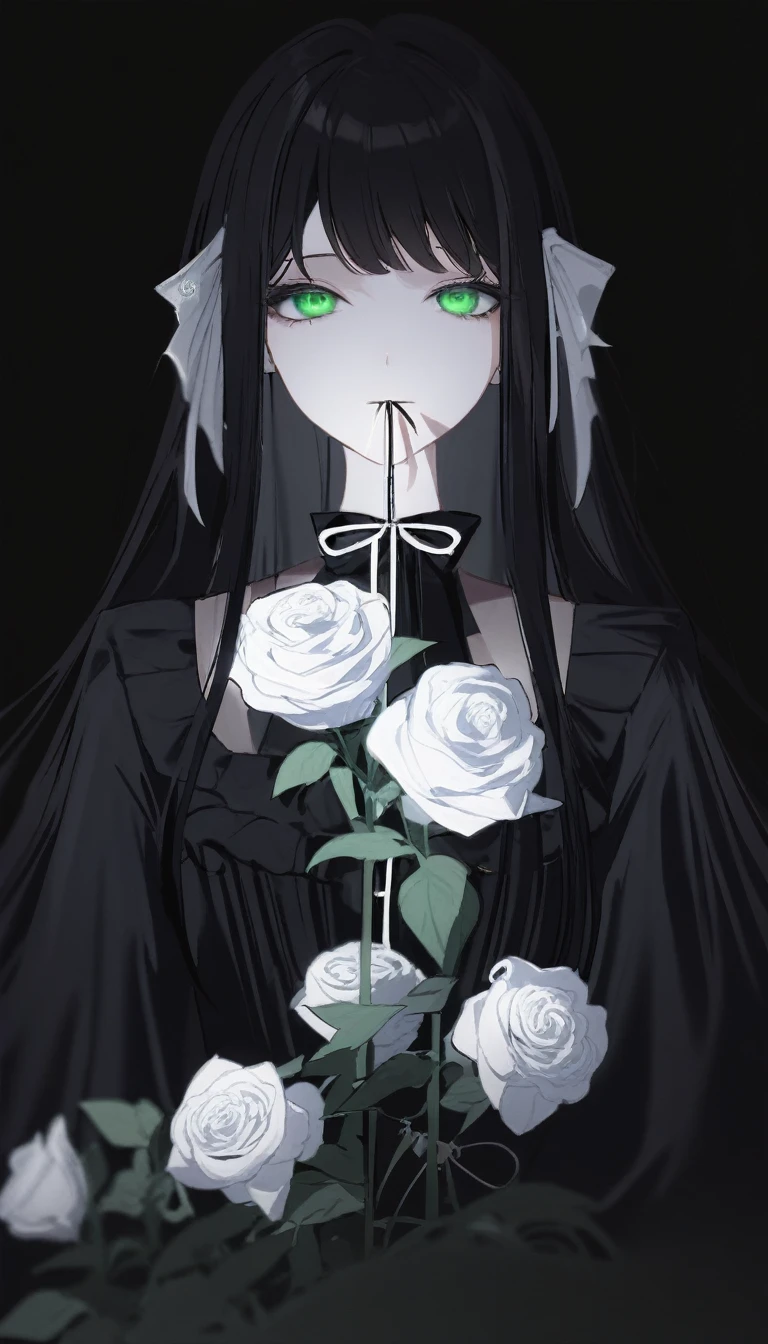 ((Tabletop, Highest quality)),Best aesthetics,One Girl, alone, Long Hair, Black Dress, flower, ribbon, Black background, Black Hair, Rose, ヘアribbon, Green Eyes, Long sleeve, White Rose, Mouth closed, 黒いribbon, Upper Body, Cinema Lighting