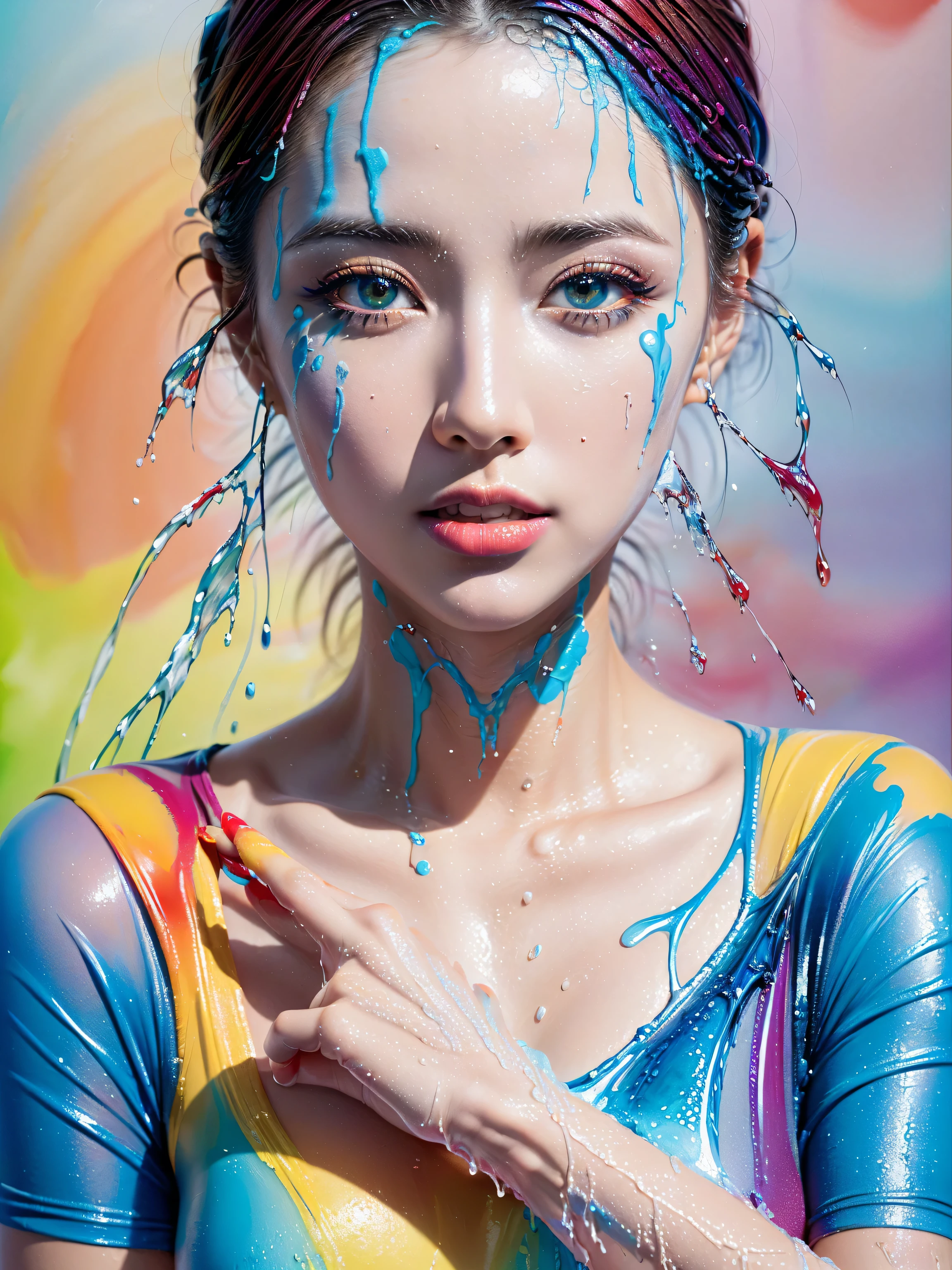 (absurd quality,high-res,masterpiece),(realism,photorealistic), (the art of painting the body with many colors, luminous paints), ((screen with splashing fluid flowing down, fluid paints:1.4), extremely detailed:1.1), (((in a bright and colorful paint pool:1.22))),