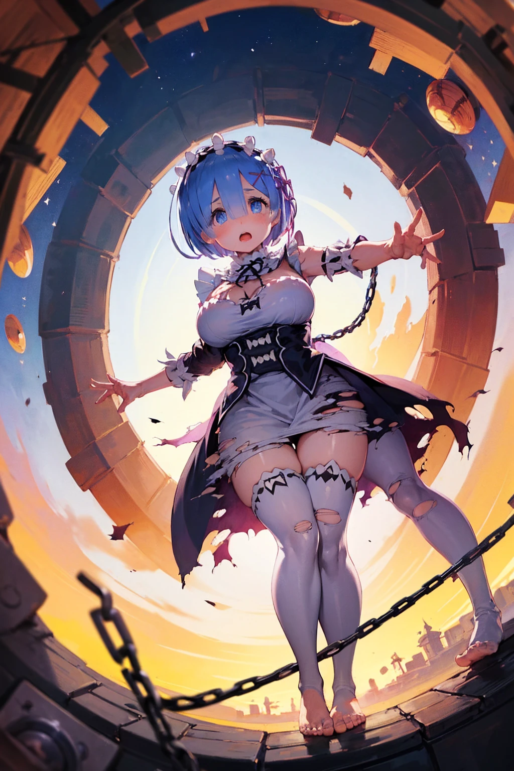 ((Sweat makes clothes transparent))、Castle terrace、Looking up from below、Plump、(Show your pants)、(((((Fighting Pose)))))、((((Rem with her hands and feet bound in chains)))),(((((Fisheye Lens)))))、(((((Super huge ))))、((((Plump thighs))))、(((Rem from Re:Zero)))、((looking at the camera))、High qualityHigh quality、8ｋ、(((((Full body description)))))、Chest、Fantastic、(((((Torn maid uniform)))))、barefoot、((((((Tall Rem))))))、Sweat splashes、Clothes are ripped off,(Torn knee-high socks)、