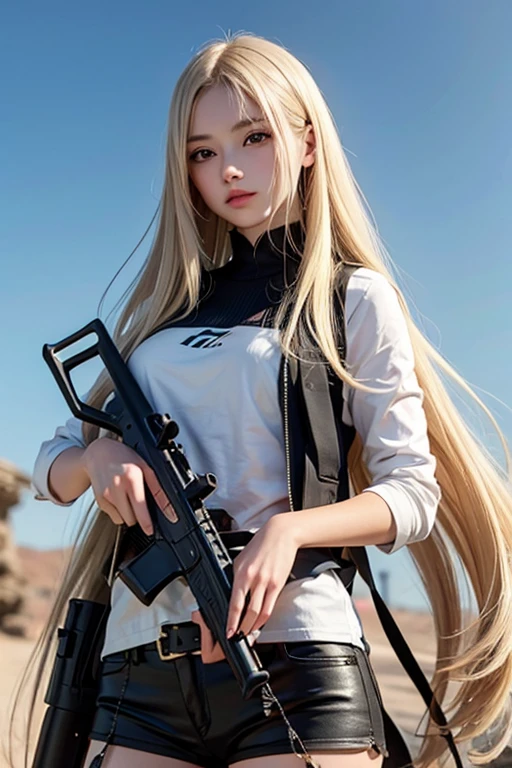 blond haired woman with long white hair and black top, perfect white haired girl, blonde anime girl with long hair, long blonde hair and large eyes, petite girl, small boobs, small breast, very small bust, small tits, tiny breast, skinny girl, slim body, innocent face, agelical face, blonde long hair, 20 years old, super ultra high quality, 8k, 16k, extremely detailed face, extremely detailed eyes, extremely detailed teeth, wearing a light gray tank top, the matrix style, denim pants, tactical holster under the arm, holding big revolver