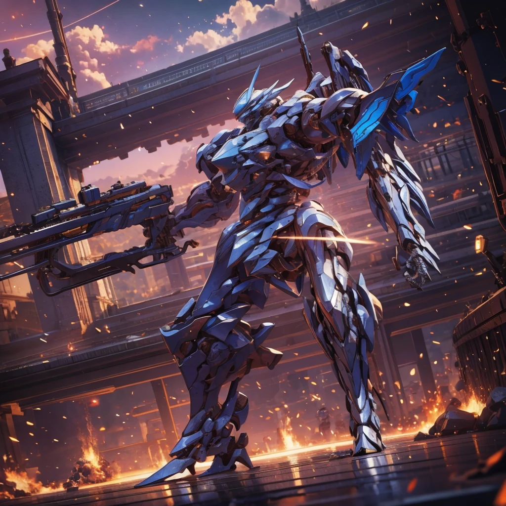 Obra de arte, melhor qualidade:1.7)Mech branco e azul com detalhes dourados, médio, segurando uma sniper azul grande. Realistic, Extremely detaild, 4K UHD, HDR, naturallight, cinematic lighting, masterpiece-anatomy-perfect, ultra HD, Space Combat, Battlefield, RAW photo, metallic, ultra-fine painting, perfect body proportions, anatomically correct, real texture material, Anti-Aliasing, TXAA, SSAO, Post Processing, Post Production, Tone Mapping, CGI, VFX, SFX, Hyper maximalist, ultra photorealultra-detailed intricate details.