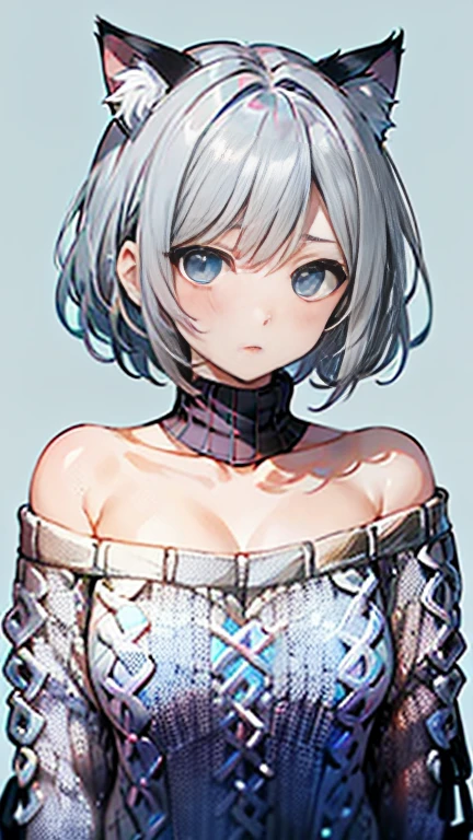 (Darjeeling,Nishizumi Shiho,Nishikinuyo),
One Woman,
(Silver Hair:2.00),
(Hairstyle:Short Hair),Bobcut,
Early 30s,Natural skin texture,Narrow waist,Thin type,Adult atmosphere,
(Asian Skin:1.9),Height: 170cm,Japanese Girl,,
Blue Eyes,Small breasts,Princess,
(((Black off-the-shoulder sweater:1.8))),
((Silvery cat ears)),
((ID photo:1.8,Plain cerulean blue background:1.6,Capture your subject from the front)),
(expression(Puzzled),upright posture,Closed Mouth,narrowed eyes,blush),
(valley),Condescending attitude,
Natural depiction,
Beautiful depiction,
Shiny eyes,
Healthy Body,
自然なHairstyle,
Natural body contours,
Natural facial contours,
(Five fingers)Absolute depiction,Symmetrical fingers,
Two arms,
Two legs,
Sharp eyelid depiction,
Symmetrical eyes,Symmetrical eyes,
Keep the subject in the center,Expand the upper body,
Beautiful image quality,
Delicate shades,
4K,Very detailed,
Delicate light adjustment,
Delicate contour drawing,