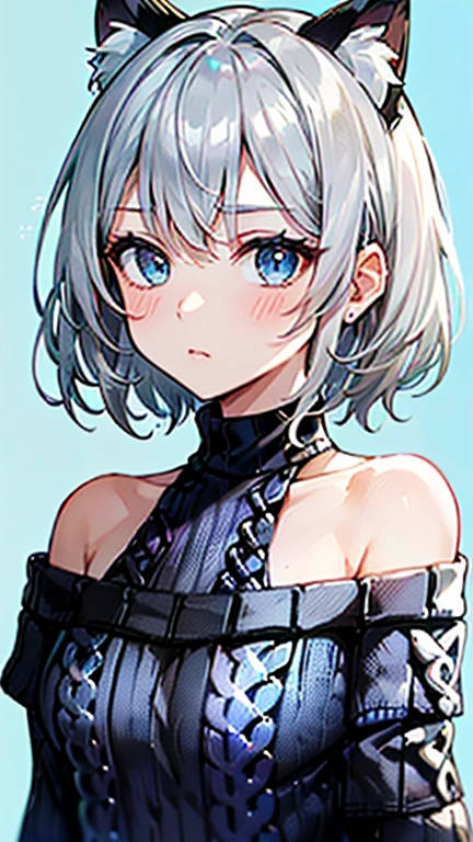 (Darjeeling,Nishizumi Shiho,Nishikinuyo),

One Woman,

(Silver Hair:2.00),
(Hairstyle:Short Hair),Bobcut,

Early 30s,Natural skin texture,Narrow waist,Thin type,Adult atmosphere,
(Asian Skin:1.9),Height: 170cm,Japanese Girl,,
Blue Eyes,Small breasts,Princess,

(((Black off-the-shoulder sweater:1.8))),
((Silvery cat ears)),

((ID photo:1.8,Plain cerulean blue background:1.6,Capture your subject from the front)),
(expression(Puzzled),upright posture,Closed Mouth,narrowed eyes,blush),
(valley),Condescending attitude,

Natural depiction,
Beautiful depiction,
Shiny eyes,
Healthy Body,
自然なHairstyle,
Natural body contours,
Natural facial contours,
(Five fingers)Absolute depiction,Symmetrical fingers,
Two arms,
Two legs,
Sharp eyelid depiction,
Symmetrical eyes,Symmetrical eyes,
Keep the subject in the center,Expand the upper body,
Beautiful image quality,
Delicate shades,
4K,Very detailed,
Delicate light adjustment,
Delicate contour drawing,