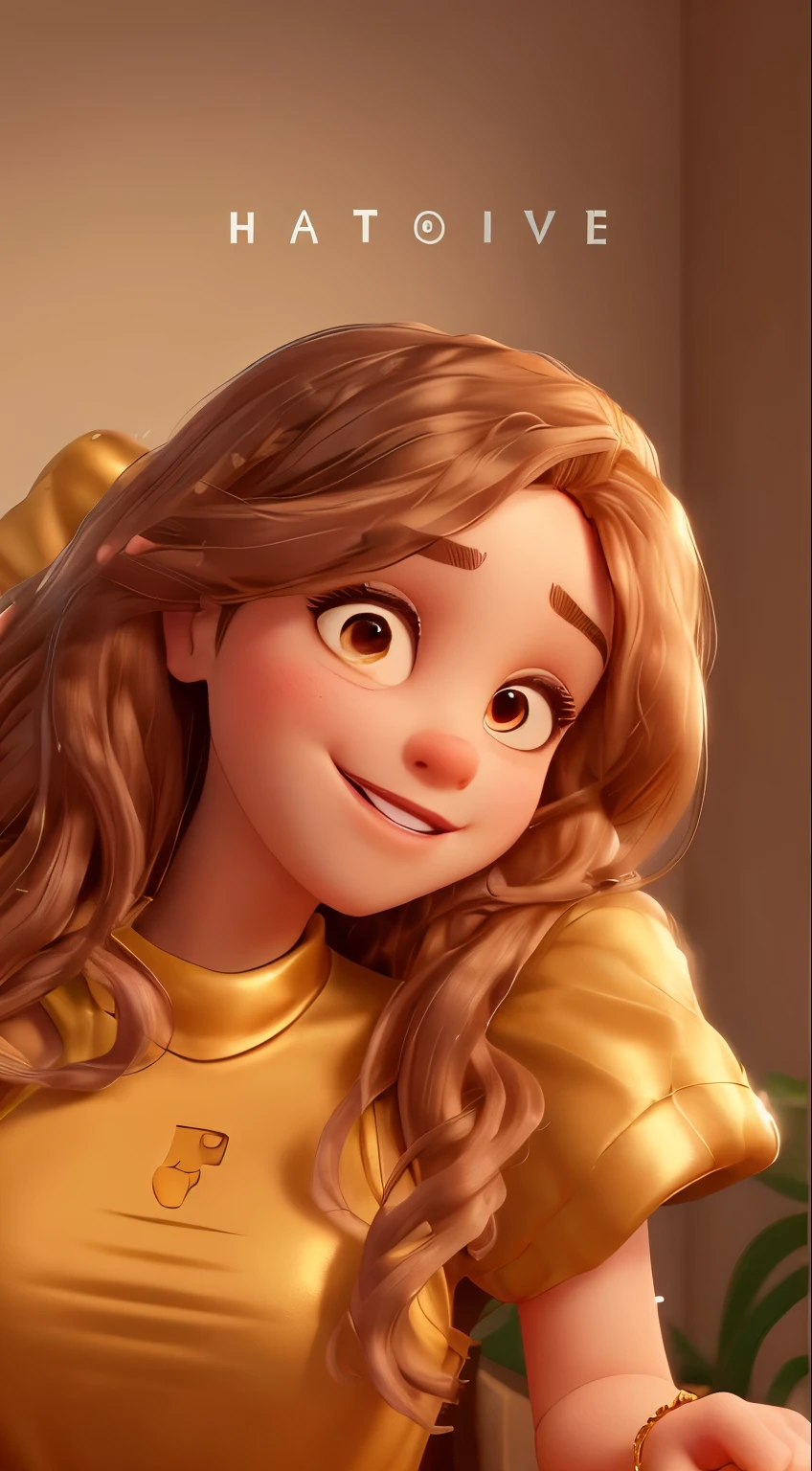 with big, curly hair, Wear a crown'or, smiling at the camera, his eyes are the color of jabuticabas