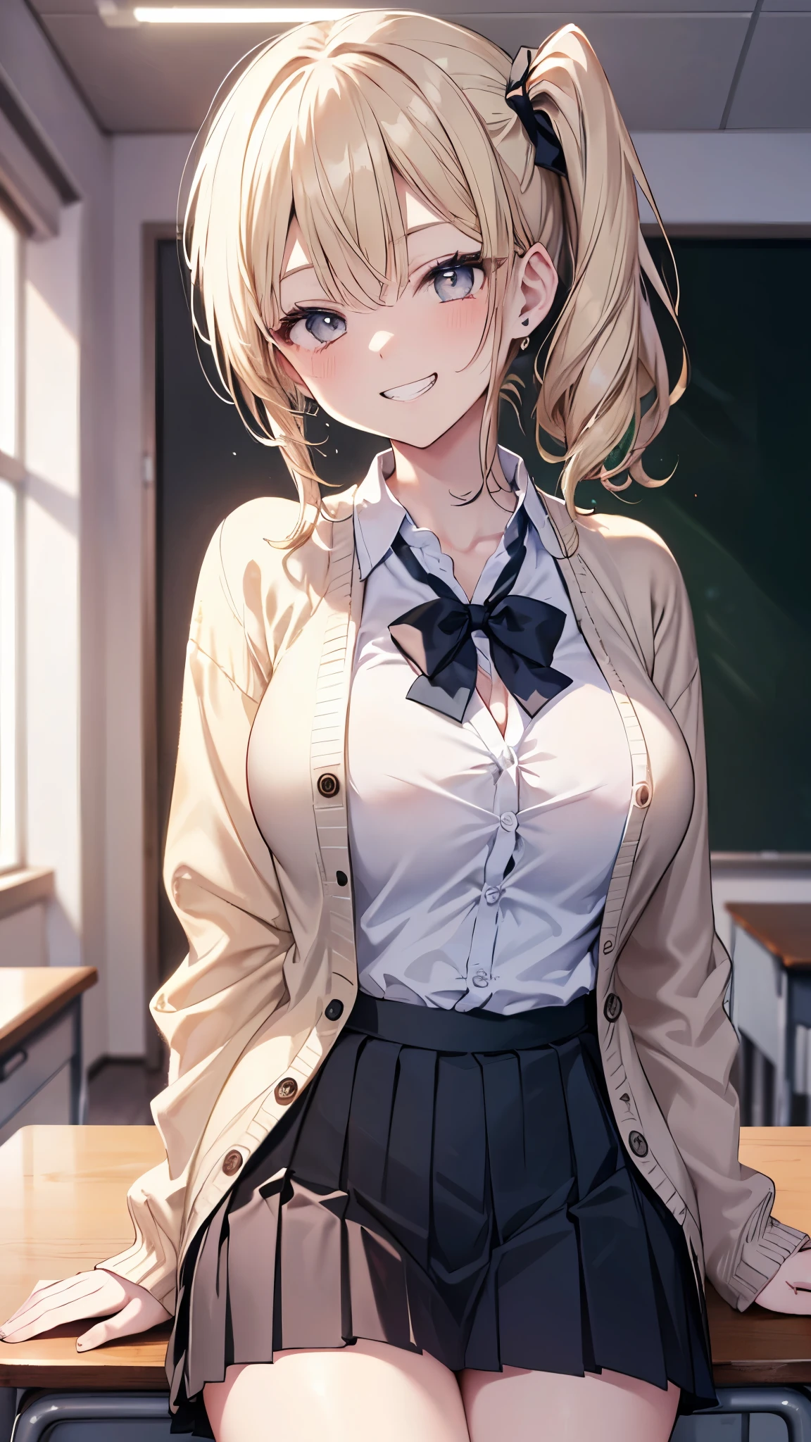 (masterpiece、Highest quality、Very detailed))、One girl、gyaru、Blonde、Medium Hair、side ponytail、Grey Eyes、evil smile、((Grin))、((Very large breasts))、((White collared shirt))、((cardigan))、((Black pleated skirt))、Cowboy Shot、Classroom Background