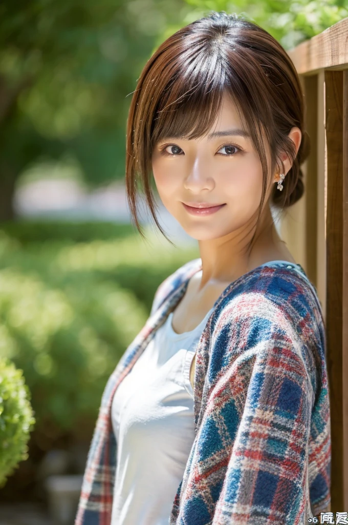 (Highest quality,masterpiece:1.3,Ultra-high resolution),(Very detailed,Caustics,8K),(Realistic:1.4,RAW shooting),18-year-old,cute,Japanese Idols,natural brown short hair,I'm looking at the camera with a smile on my face,Crouching posture,Big Breasts,Down jacket,Knit dress,garden,(Low position),(Low - Angle),(breast focus),(close),Natural light,Lens flare,Professional Writing