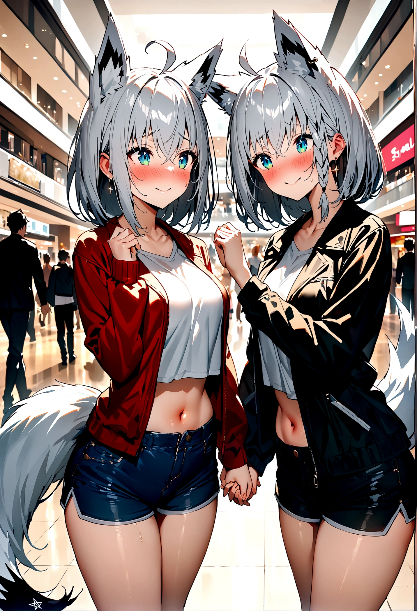 NSFW,masterpiece,Highest quality,High resolution,Super detailed,Shirakami Fubuki\(Hololive\),Gray Hair、One-sided braid、Ahoge、Earrings,Fox ears,Fox tail,Jacket,Crop top,Shorts,Embarrassed,blush,Expecting face,Seduce,smile,Shopping mall,High quality lingerie shop,Date,From the side