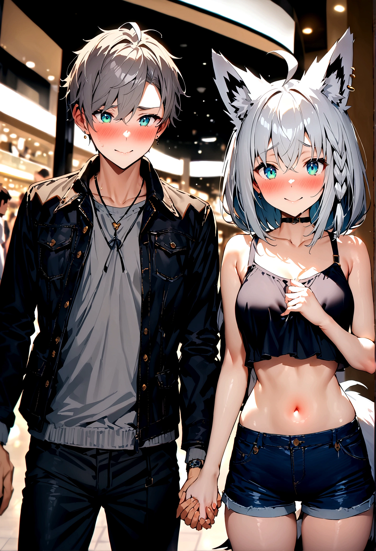 NSFW,masterpiece,Highest quality,High resolution,Super detailed,Shirakami Fubuki\(Hololive\),Gray Hair、One-sided braid、Ahoge、Earrings,Fox ears,Fox tail,Jacket,Crop top,Shorts,Embarrassed,blush,Expecting face,Seduce,Shopping mall,(Young men),Holding hands