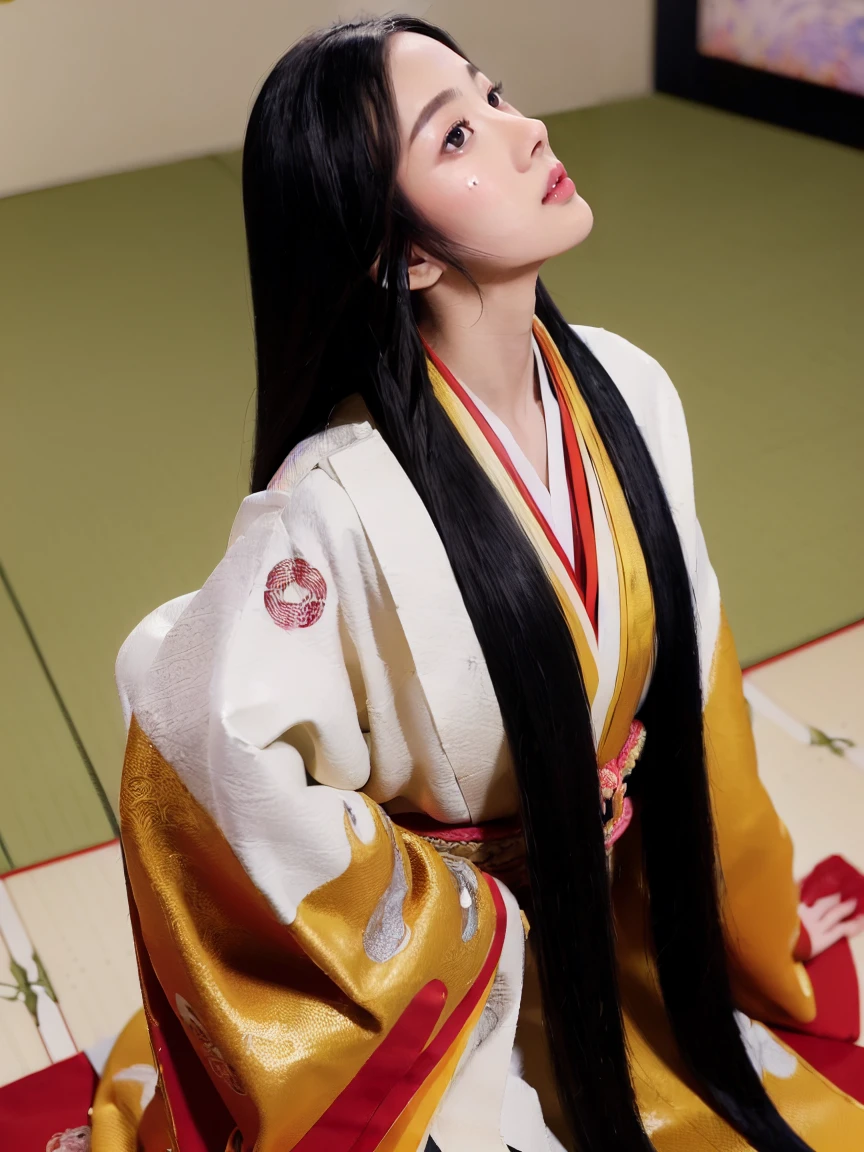 (Solo Japanese Girl:1.3), (Straight Long Hair, Shiny black hair:1.3), Karagin Jacket, Long hakama, 5 piece garment cuffs and chest, Wearing Imperial Kimono, Empire Pattern, (from the front), (Cowboy Shot), (Leaning forward, look up, From above:1.3), (((masterpiece, Super detailed, Highest quality, Ultra-high resolution, Great quality, Exceptional Quality, Super detailed, Unity 16K, Ultra-photorealistic))), (Moe anime art style:1.5),