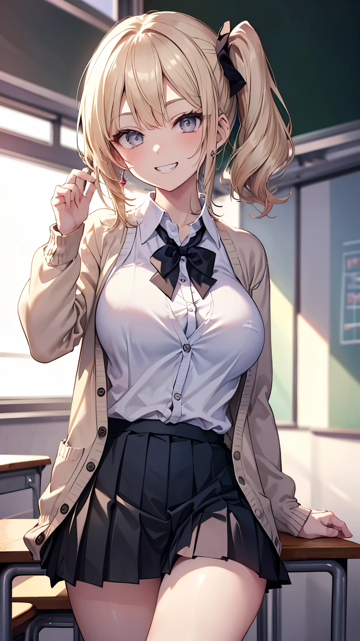 (masterpiece、Highest quality、Very detailed))、One girl、gyaru、Blonde、Medium Hair、side ponytail、Grey Eyes、evil smile、((Grin))、((Very large breasts))、((White collared shirt))、((cardigan))、((Black pleated skirt))、Cowboy Shot、Classroom Background
