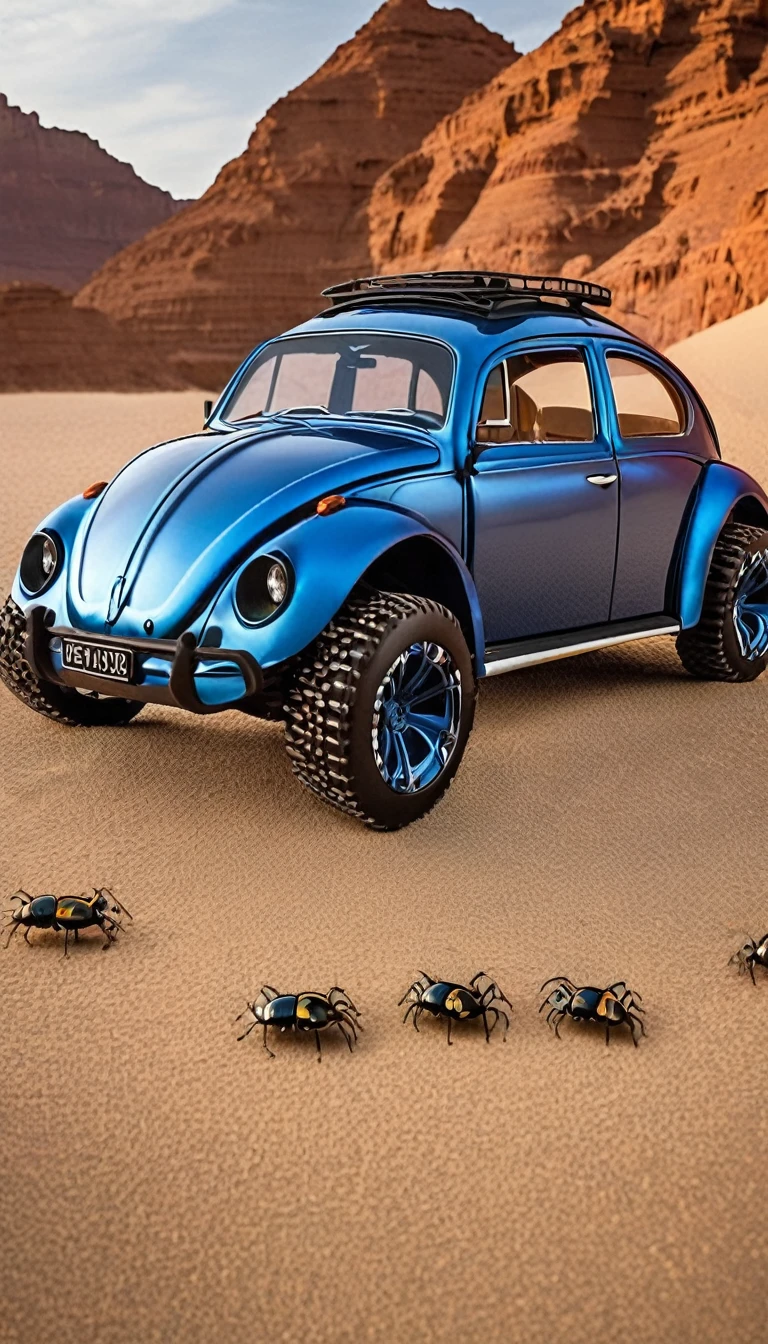 Based on the Volkswagen Beetle、Insect-inspired futuristic design、Beetle、blue、Shiny metal body、Big off-road tires、Beetleのツノ、Four wheels、5 meters
