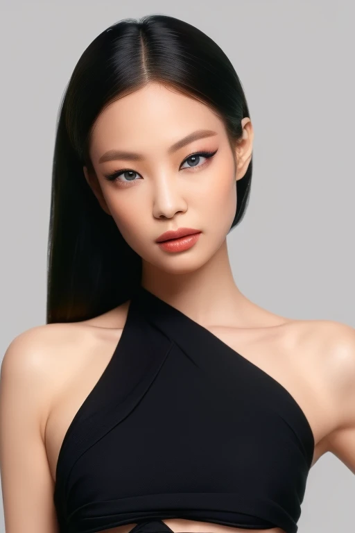 jennie1,1girl, solo, (realistic),(hyperrealism),(best quality),(masterpiece),(ultra high res),(photorealistic),(film grain),(full body),eye makeup,detailed eyes,detailed face,black bikini, posing for a photo, simple background