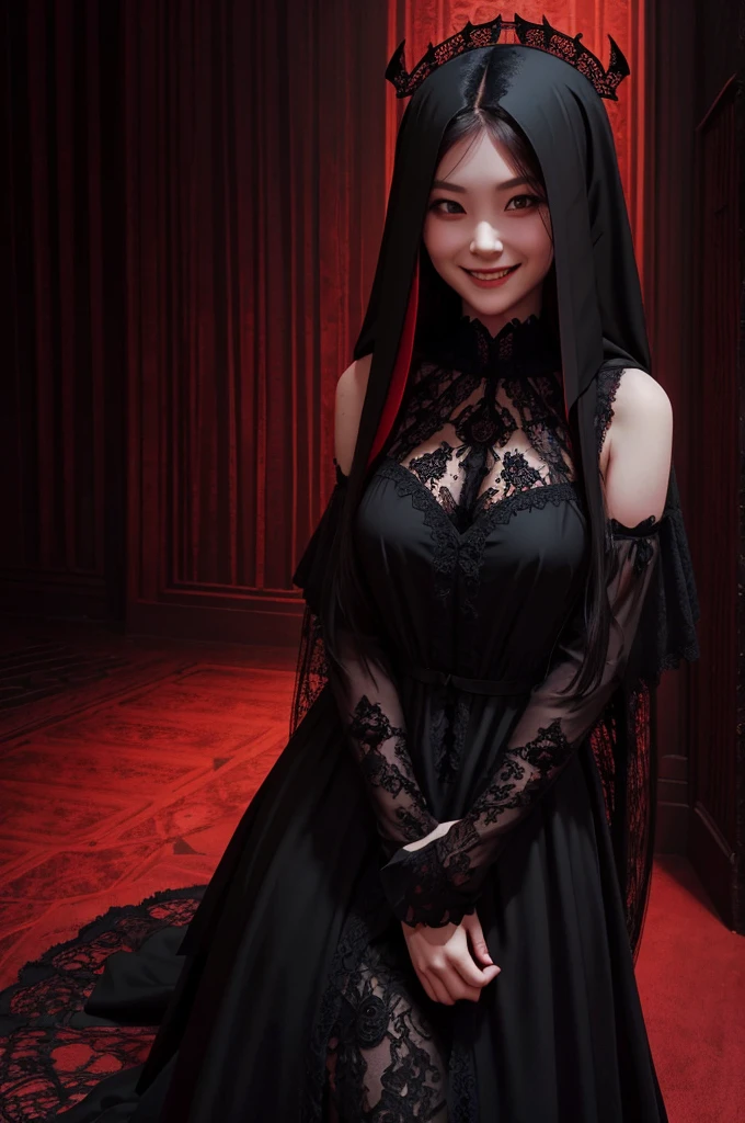 long-haired girl,Wearing a long black lace dress,Shoulders exposed, grin smile,(((((unholy))))),red color eyeystical ambiance))),(((Dark style)))