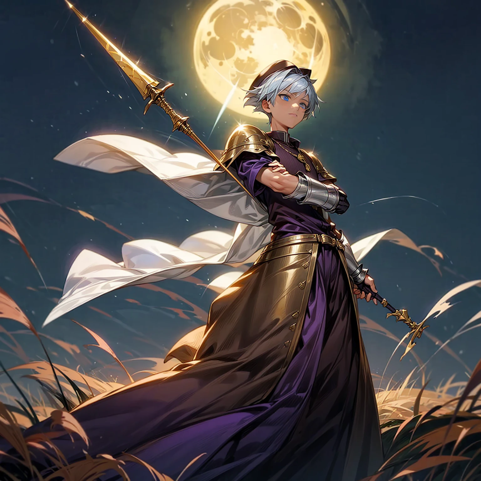1boy, Full body version, 1character, blue eyes color, sad eyes, eyeliner, tan skin, classic fade haircut, almond eyes type, brown colour hair, medieval clothing style, breton hat, armor body, purple color clothing, silver necklaces, gold armor on hand, gold spear in hand, Grassroots background in field town, motion blur, plasma, fire, in night, moon, lighting fire, lighting moon, battle gesture, lighting Spear,