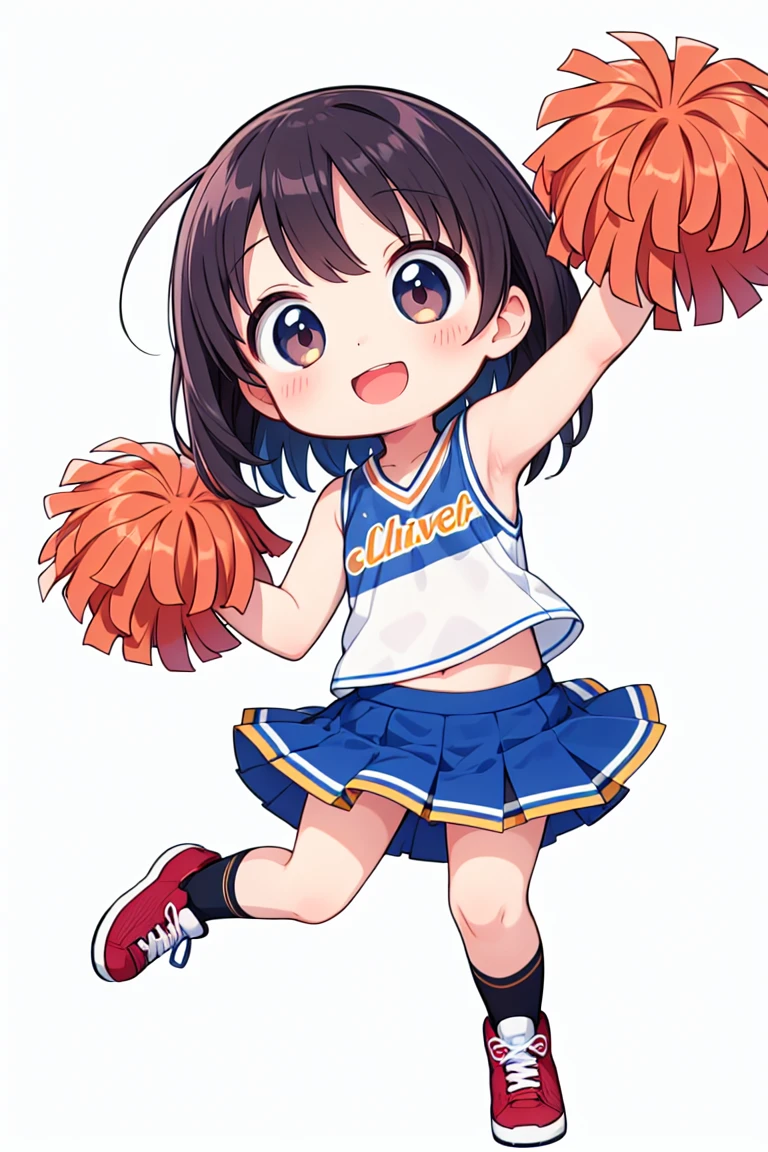 chibi, flat color, solo, full body, cute, (highest quality), Lively smile, open mouth, cheerleader, ((white background)), (masterpiece)