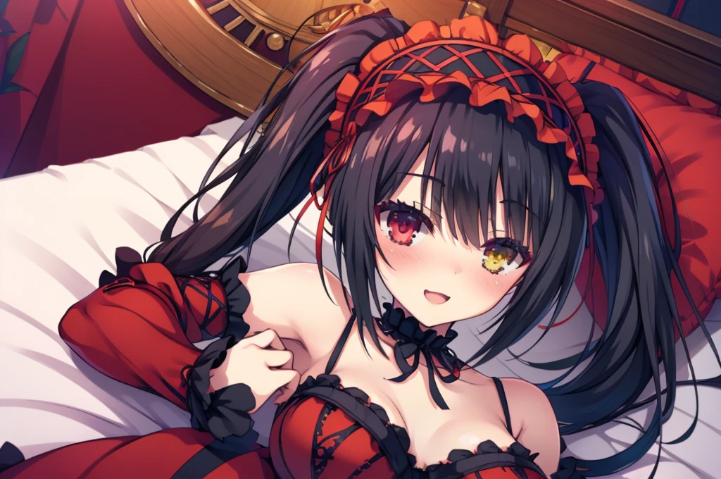 Lying down,bed,Blushing,View your viewers,Open Mouth Smile,Face close up,KurumiBase, (clock eyes), heterochromia, twintails, hairband, red dress, frills, detached sleeves, frilled choker,white background,best image quality,highest quality