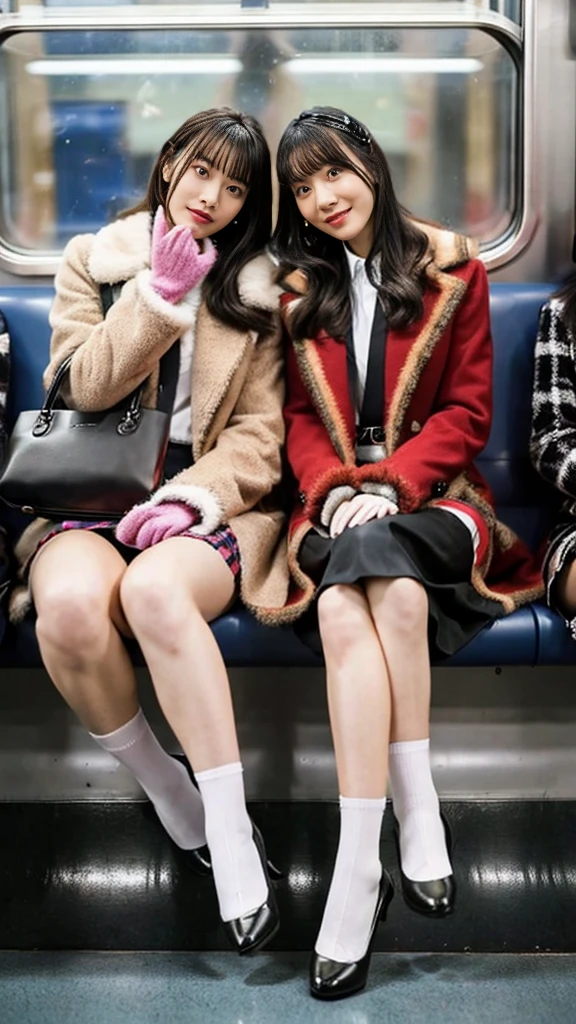 A photo of two mature gal high school girls with flashy hair wearing cute fur coats, pumps, and shiny, thin, short black leather gloves.,sitting cross-legged,Inside the train,Voyeur,Heavy makeup face eyeshadow,mascara,cross the her legs,Ultra-detailed face, open eyes,((Legs crossed)).Smelly socks, Ultra Mini Skirt,She looks at the photographer with an inviting expression.,School Bags,This photo was taken in daylight with soft lighting..、The girls are sitting on train seats.。. This photo was taken by someone on their cell phone..、Apparently it was posted on Snapchat.。.