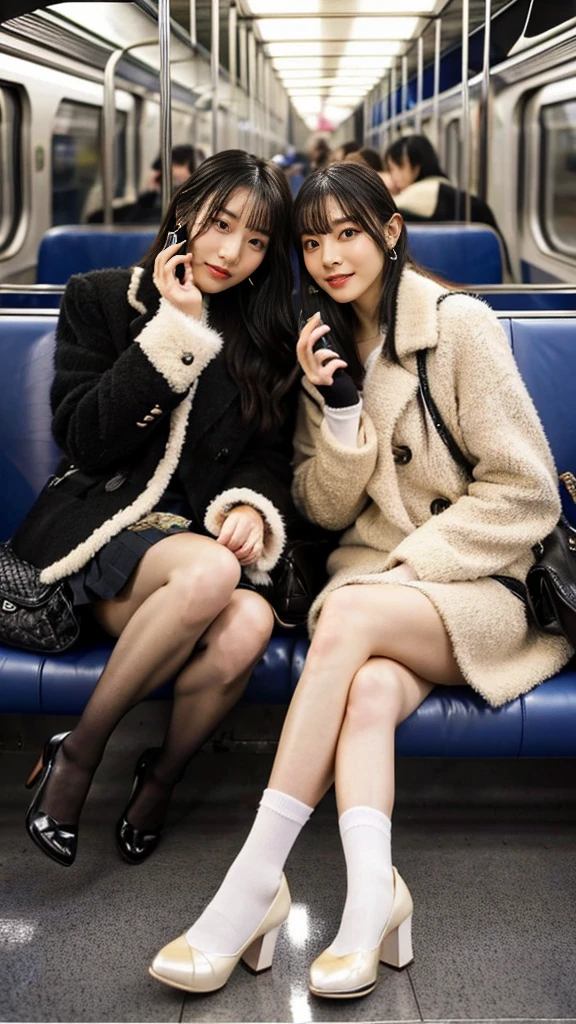 A photo of two mature gal high school girls with flashy hair wearing cute fur coats and shiny, thin, short black leather gloves, with leather shoes.,sitting cross-legged,Inside the train,Voyeur,Heavy makeup face eyeshadow,mascara,cross the her legs,Ultra-detailed face, open eyes,((Legs crossed)).Smelly socks, Ultra Mini Skirt,She looks at the photographer with an inviting expression.,School Bags,This photo was taken in daylight with soft lighting..、The girls are sitting on train seats.。. This photo was taken by someone on their cell phone..、Apparently it was posted on Snapchat.。.