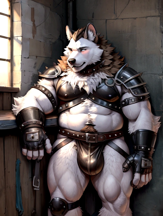 old disgusting dirty dive, worn out skimpy armament, low on hips heavy leather belt, old worn skimpy dirty white linen jockstrap, white linen jockstrap with brown stains from old sperm cum, studded skimpy armlets breastplate armor, leather bondages, fingerless leather gloves, smelly unwashed fur, fluffy fur, intimate places, repulsive dangerous agressive sight,