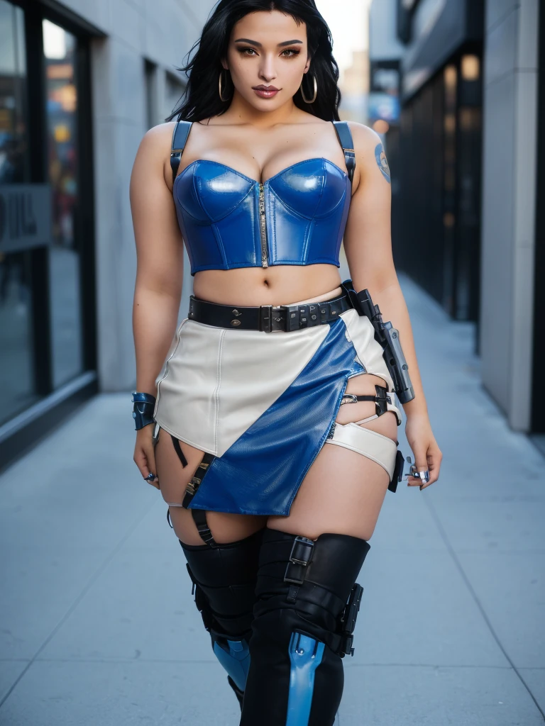araffe wearing a blue corset and a skirt and boots, fallout style, cyberpunk style outfit, glamorous jill valentine, dystopian scifi outfit, cyberpunk outfit, costume with blue accents, as a retro futuristic heroine, wearing honey - themed miniskirt, wearing a sexy cropped top, cyberpunk 27 y. o model girl, cyborg fashion model, pharah from overwatch. A beautiful mixed race model walkong confidently towards the camera. In an urban shopping mall. Wearing a blue leather cropped corset. an asymmetric cowhide miniskirt, in cream with a blue stripe. Bare midriff. slim, busty