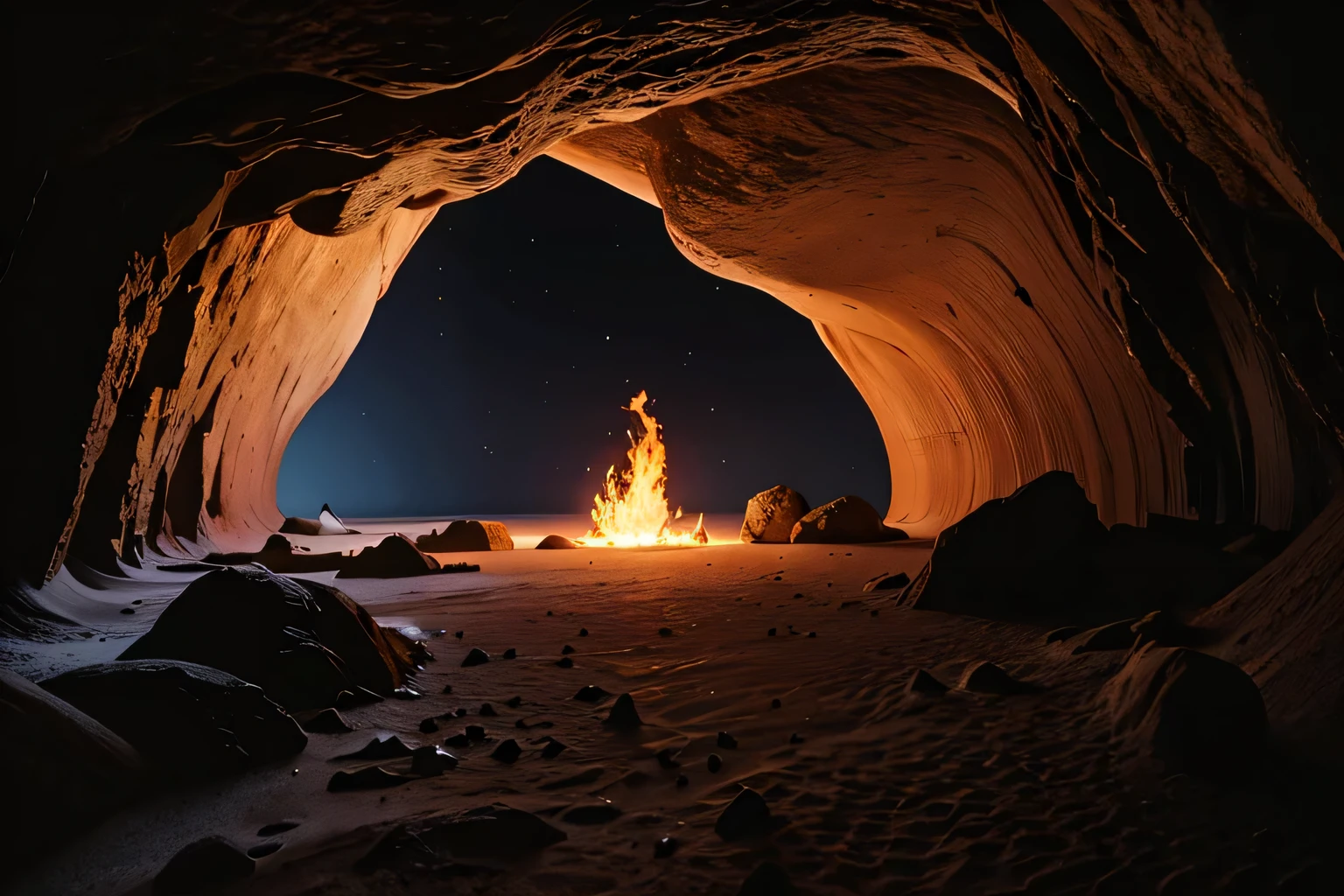 cave, mysterious, night, fire