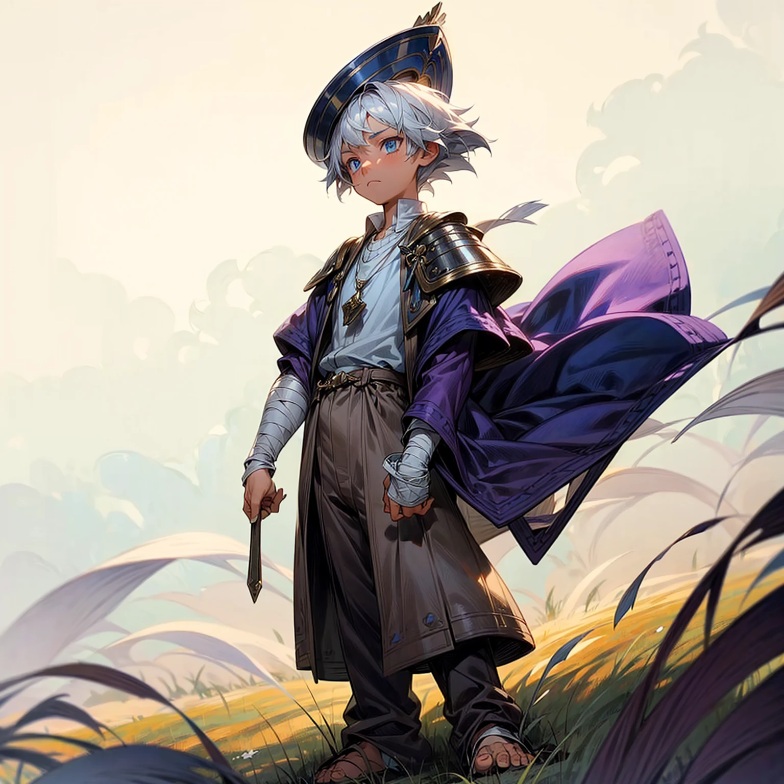 1little boy, Full body version, 1character, blue eyes color, sad eyes, eyeliner, tan skin, classic fade haircut, almond eyes type, brown colour hair, medieval clothing style, breton hat, eyes mask, vest armor, purple color clothing, silver necklaces, bandage on hand, Grassroots background in field town, motion blur