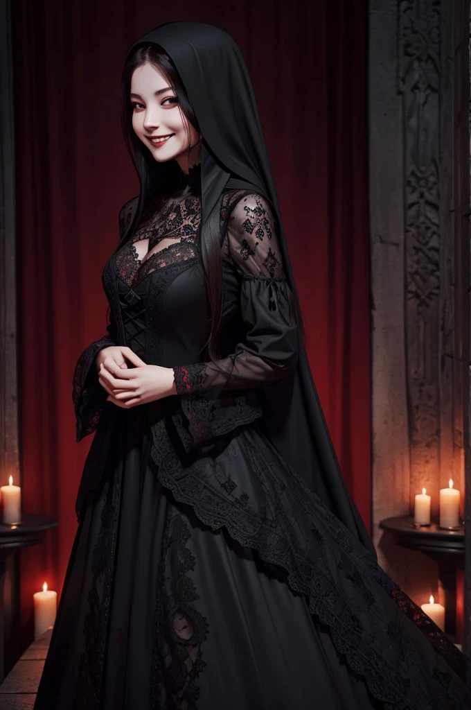 long-haired ,Wearing a long black lace dress,head uncovered, Shoulders exposed, grin smile,(((((unholy))))),red color eyeystical ambiance))),(((Dark style)))