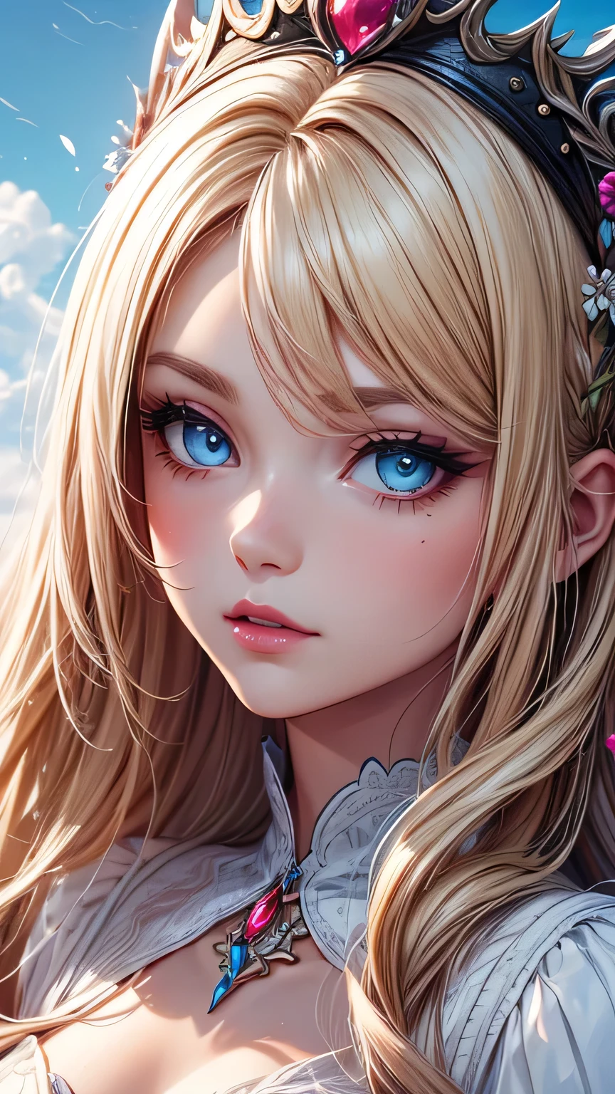 Woman in white dress, artwork in the style of Gwaiz, Gwaiz on pixiv artstation, Gwaiz on artstation pixiv, Gwaiz, Fantasy art style, Gwaiz masterpiece, (Very delicate and beautiful face), (Beautiful eyes in every detail), Beautiful and elegant queen, Beautiful character drawings, Detailed digital anime art, Blonde Princess, Sky blue eyes, Pink Lips