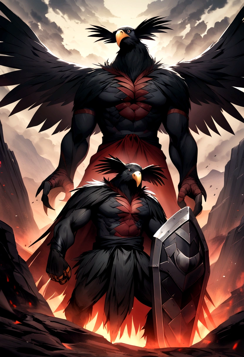 create an amanial vulture, with shield, and sword, with red and black colors