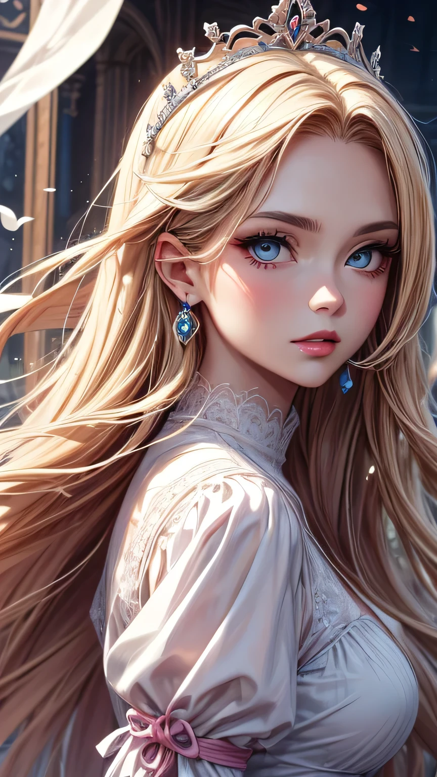 Woman in white dress, artwork in the style of Gwaiz, Gwaiz on pixiv artstation, Gwaiz on artstation pixiv, Gwaiz, Fantasy art style, Gwaiz masterpiece,  (Very delicate and beautiful face), (Beautiful eyes in every detail), Beautiful and elegant queen, Beautiful character drawings, Detailed digital anime art, Blonde Princess, Sky blue eyes, Pink Lips