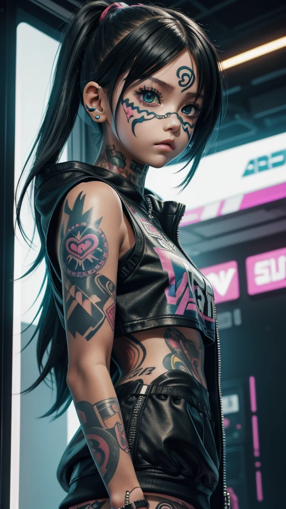 a close up of a 10 year old girl with tattoos on their face, cyberpunk art, trending on cg society, digital art, render of a cute 3d anime girl, she is wearing streetwear, cute cartoon style, jojo anime style